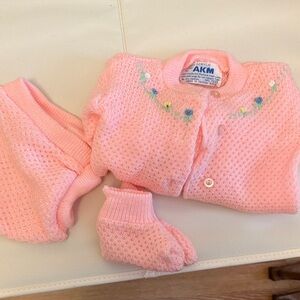 AKM Pink Knit Baby Set with Floral Embroidery